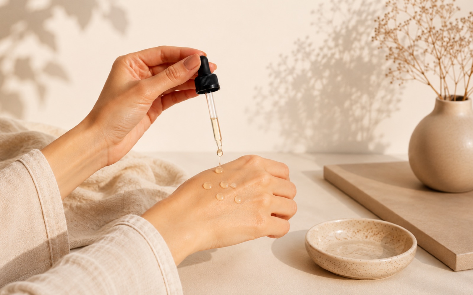 Serum wird aus einer Pipette auf den Handrücken getropft, warmes Tageslicht