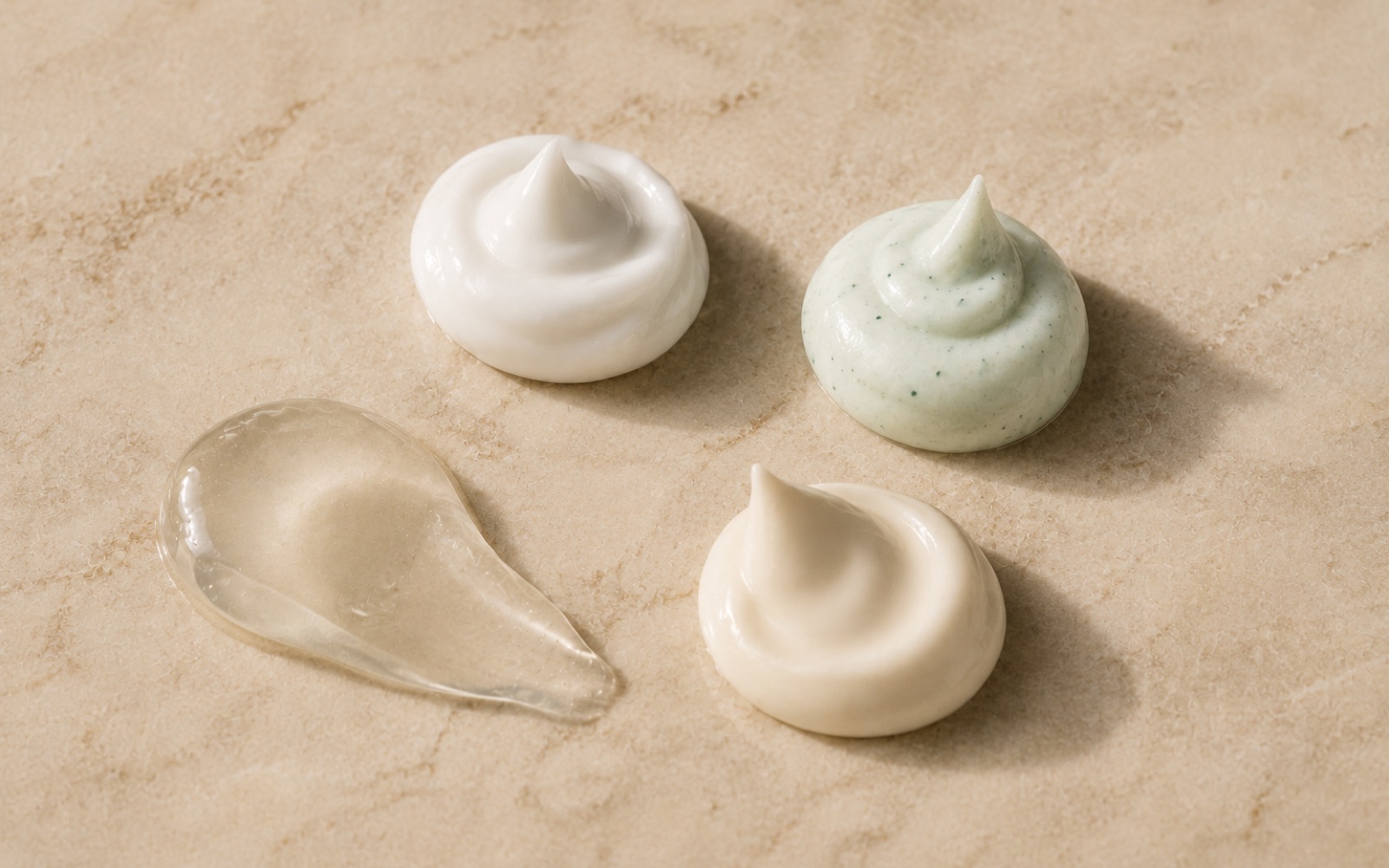Vier Pflegetexturen nebeneinander: Gel, leichte Lotion, Creme und eine grüne Maske